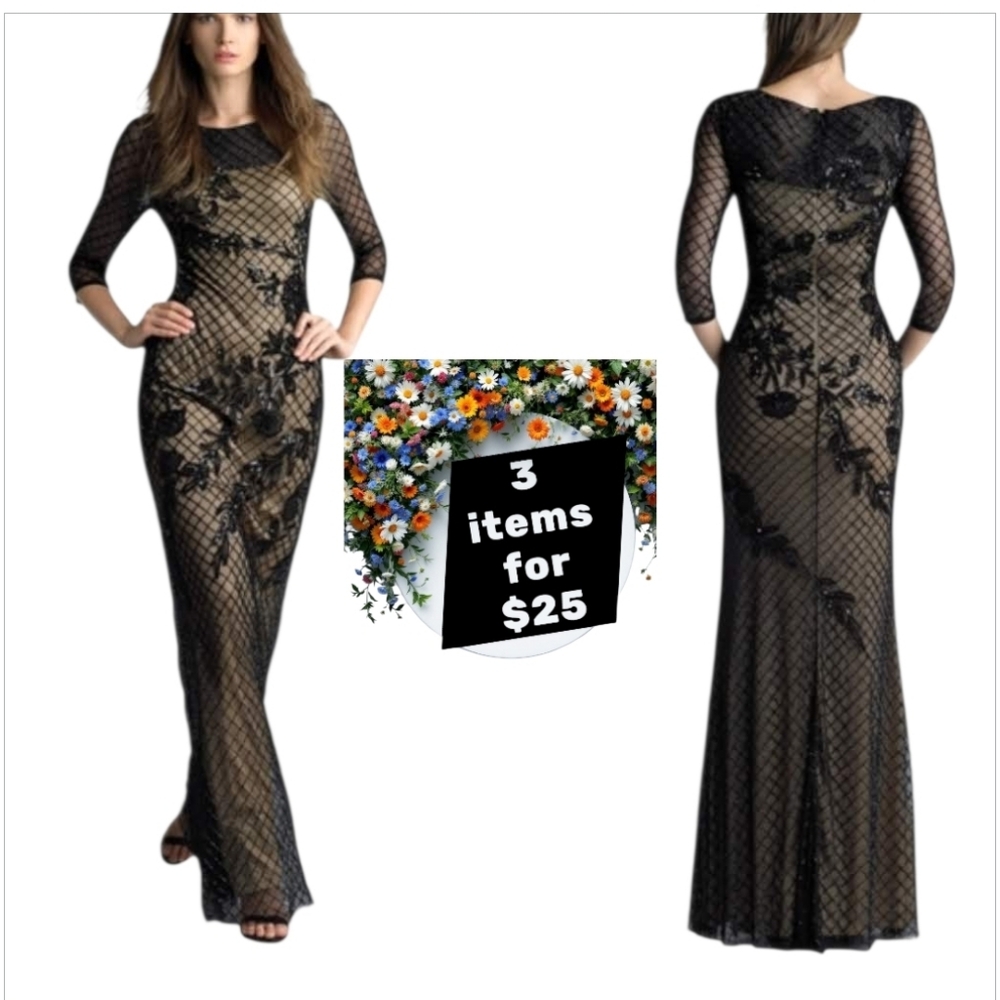 Elegant Black Lace Overlay Long Sleeve Evening Dress - Picture 13 of 13